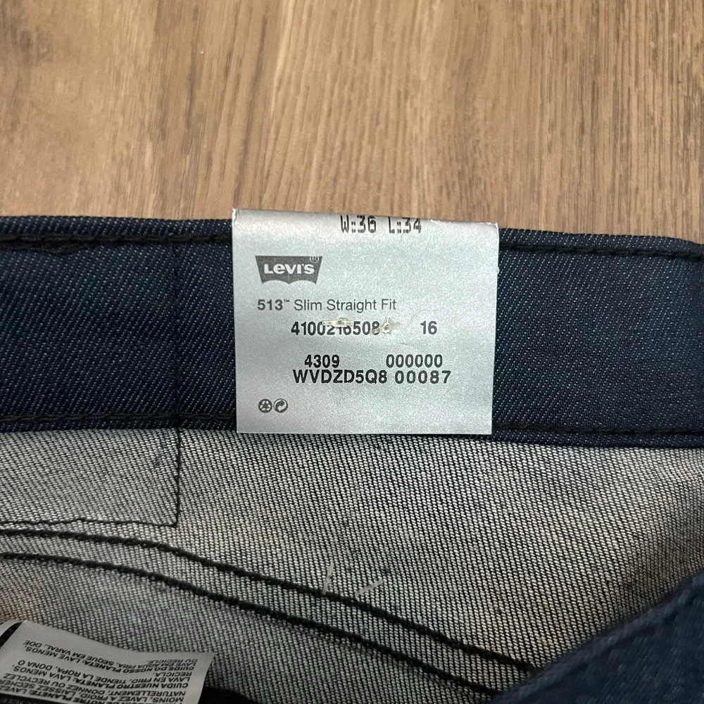 NWT Levi's 513 Slim Straight Jeans 36x34 Dark Indigo Blue Denim